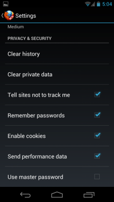 Firefox for Android 14.0: Security Settings