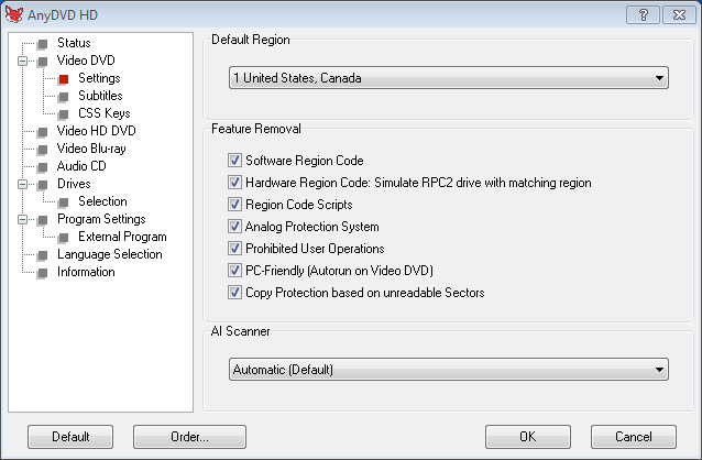 AnyDVD Settings Window